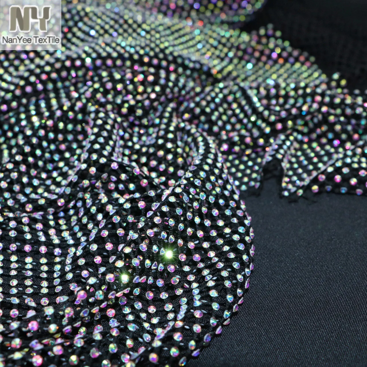 Nanyee Textile Luxury AB Colorful Stretch Foiled Rhinestone Mesh Fabric