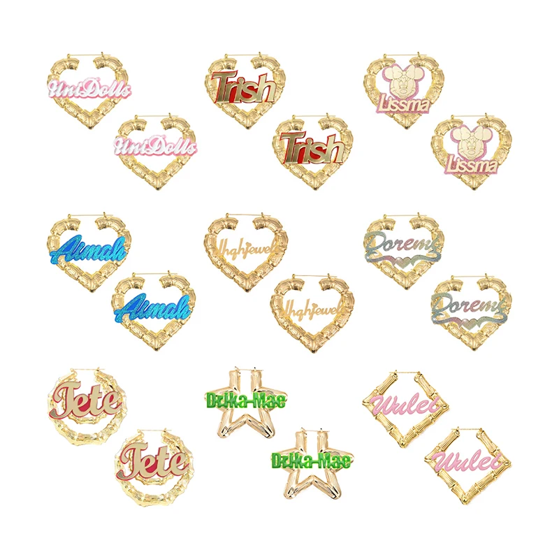 custom gold name hip hop large gold plated bamboo hoop earrings bamboo earrings