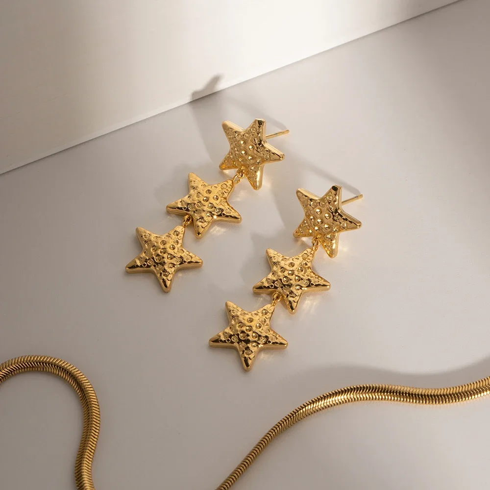 New Arrival 18K Gold Plated Stainless Steel Star Earrings Women Beautiful Style Waterproof Texture Bump Three Stars Drop