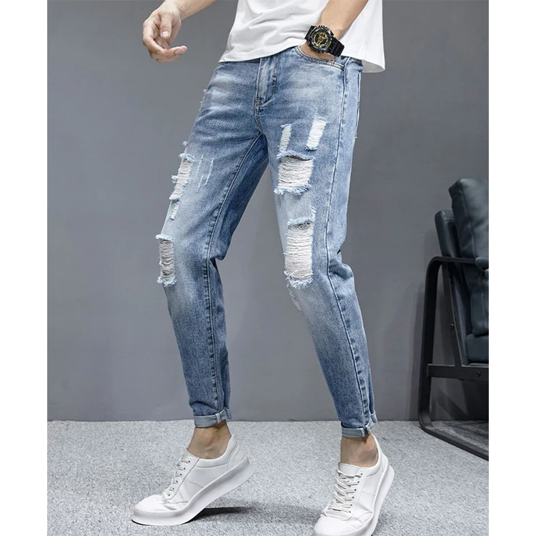 CKCN2005 Casual Blue Popular Hole Mens destroye Jeans Ripped Blue Jeans Trousers For Men