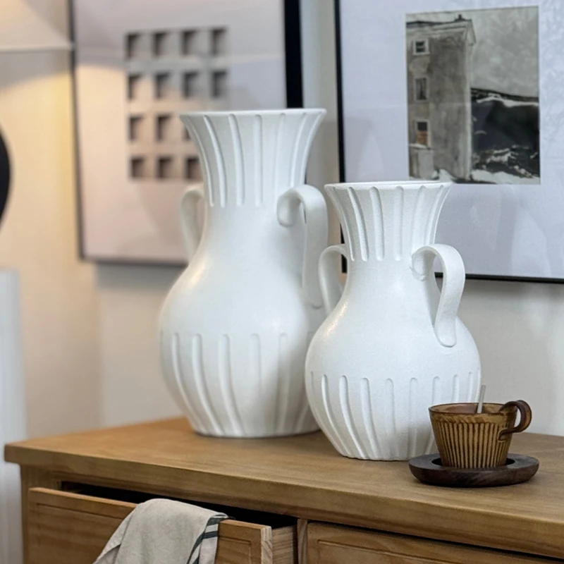 New Design Retro Vases with Handles Matt White Vase Small Rustic Fiber Clay Decorative Flower Vases