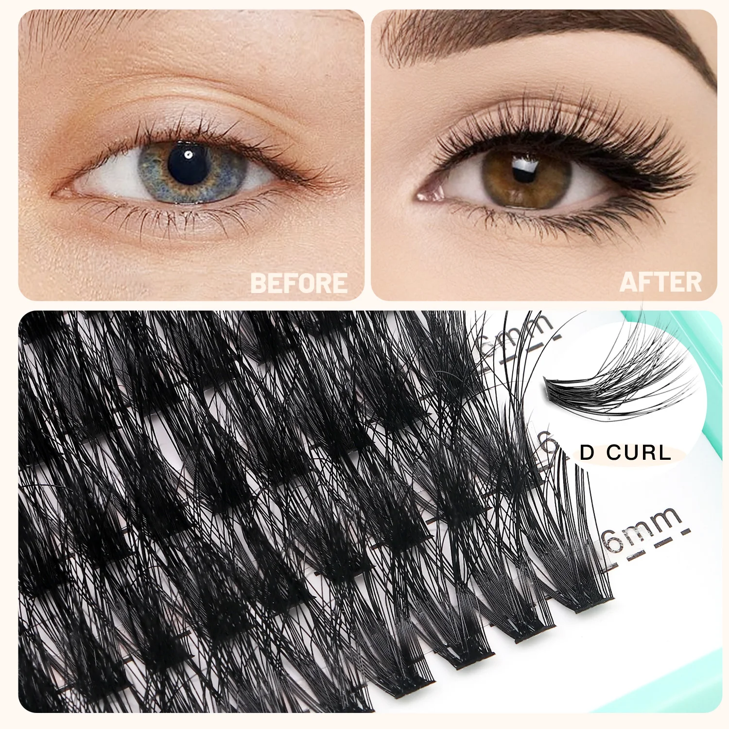 50D DIY Lash Extensions Kit 10-16mm Mixed D Curl Ribbons Natural Cluster Eyelash Long Stem Segmented Handmade CC CD DIY Lash Kit