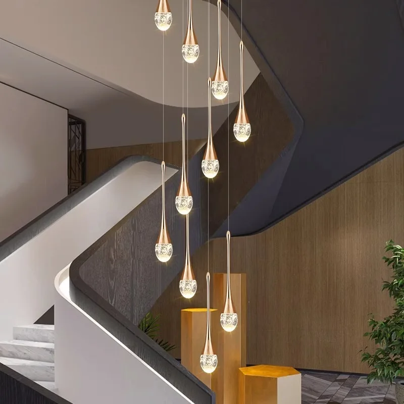 Long spiral crystal chandelier Golden bubble raindrop crystal chandelier Stairs Sloping ceiling Attic fixtures LED dimmable