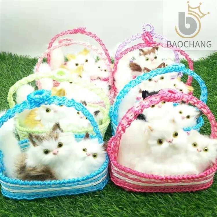 High quality plush animal plush cat in plastic Basket  with sound for  holiday Gifts Home Decoration