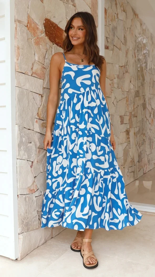 Fashion New Women Sexy Sweet Floral Print Sleeveless Off-shoulder Off-back Long Dress