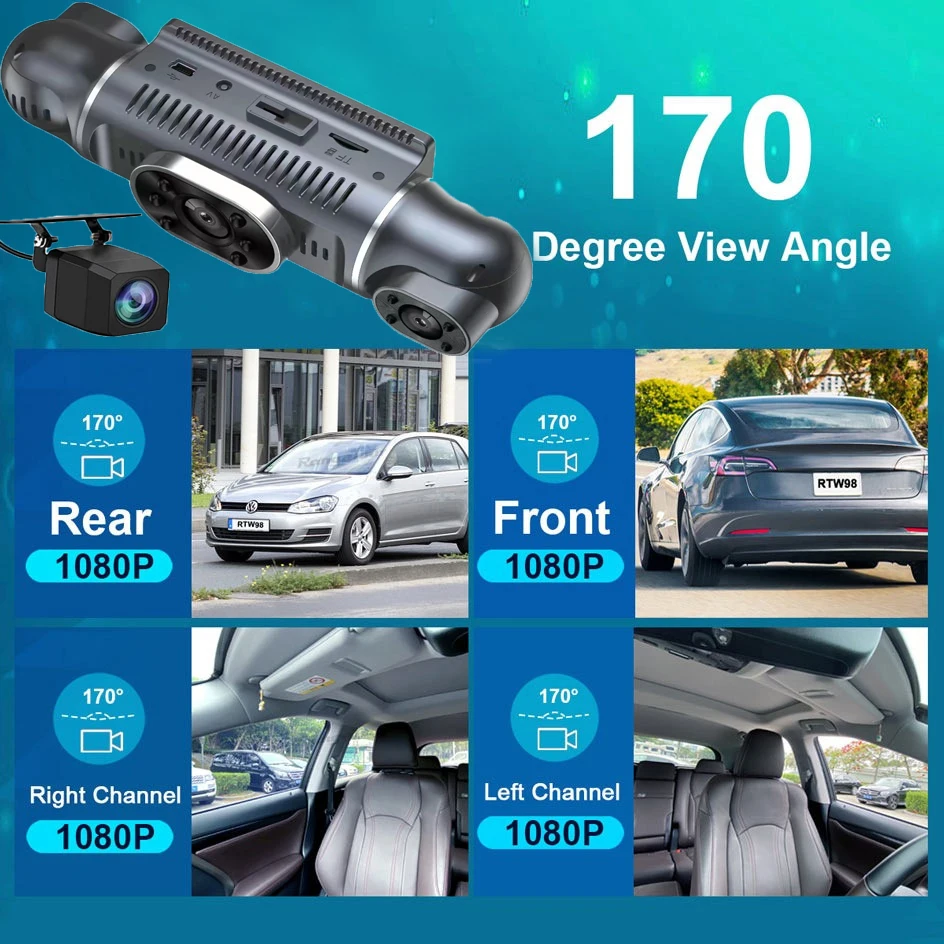 360 degrees Panoramic Car DVR 3-Inch Screen 4 Channel FHD 1080P IPS Video Recorder 4 Split Screen Display Dash Cam Night Vision