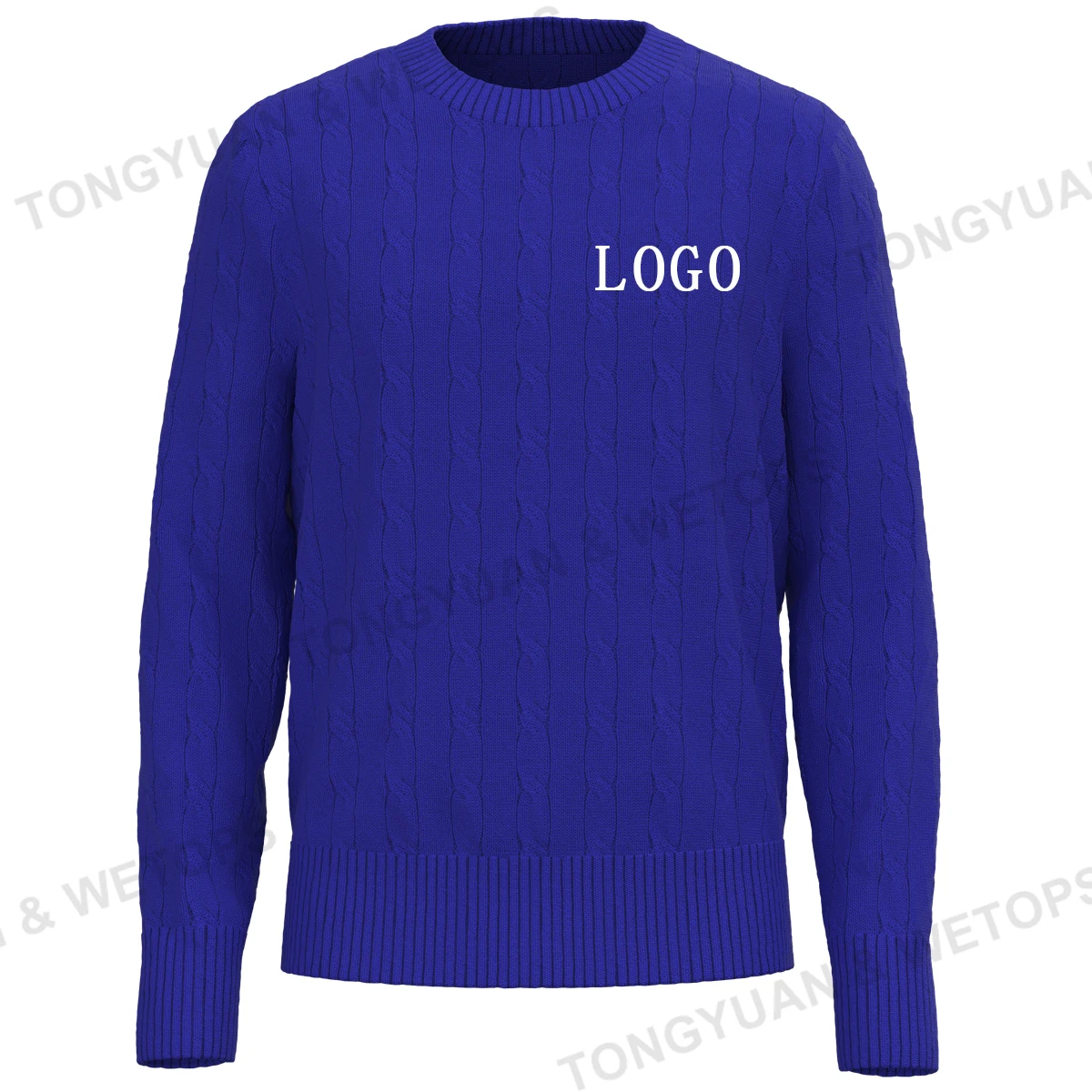 BSCI Clothing Manufacturers Royal Blue White Greek Pullover Embossed Cable Solid Color Knitted O-Neck Collar Winter Sweater