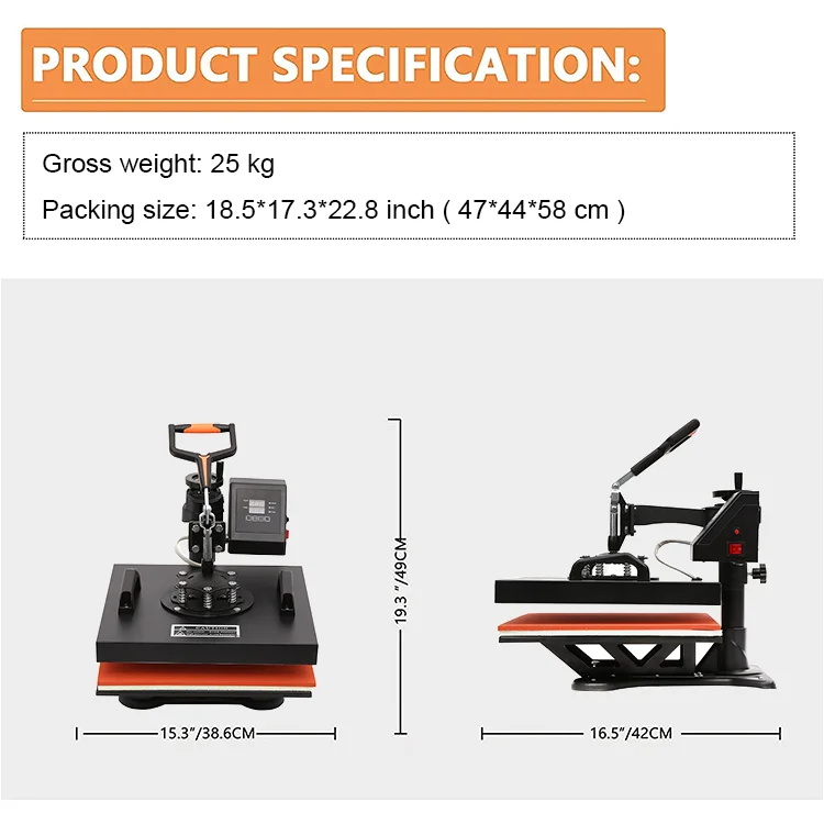 Tylor Heat Press Machine, 15x15 Inch, 5 in 1 Combo Swing Away T-Shirt Sublimation Transfer Printer with Teflon Coated, Precise