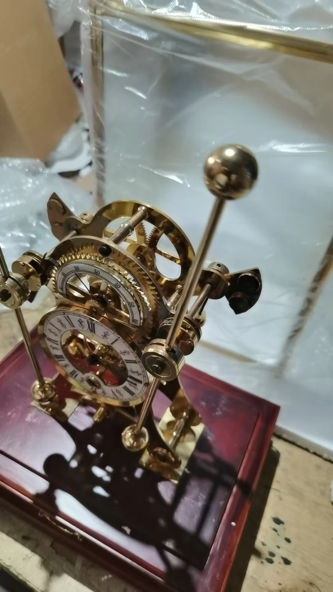 18th England  Antique Gilt Gold Plated  Polished Brass Mechanical Devon / skeleton/Grasshopper /Double Pendulum Table Sea Clock