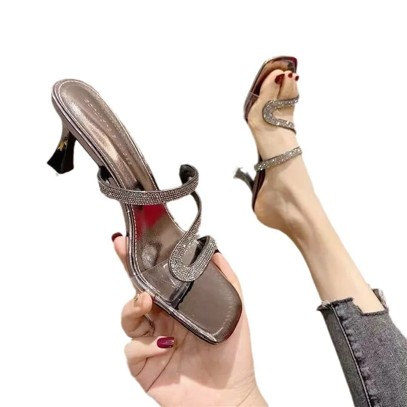 Large Summer New Square Headed High Heels B009 Water Diamond Fish Mouth Slim Heel Sandals