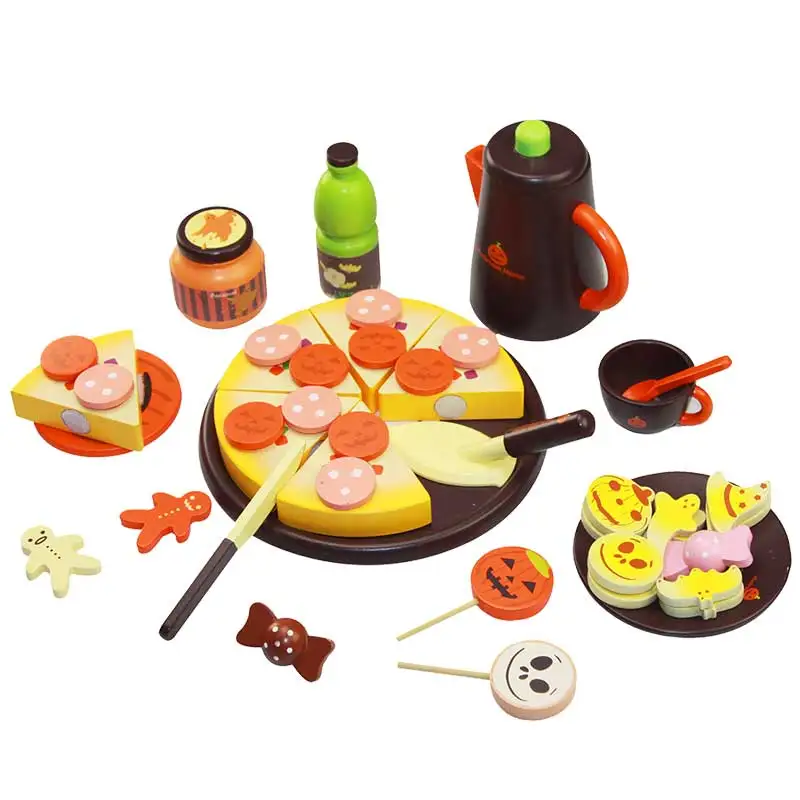 Wooden pizza cutting birthday cake toys baby toys educational children kitchen toy sets CE Montessori play house DIY Halloween