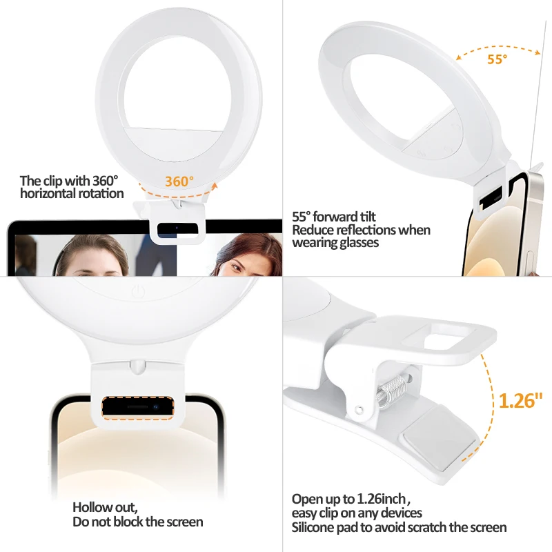 Поворот на 360 градусов, сенсорное управление, плавная регулировка 3500K 8500K, теплый белый свет, 2 м, Usb-шнур, шарнирный зажим, кольцо для селфи