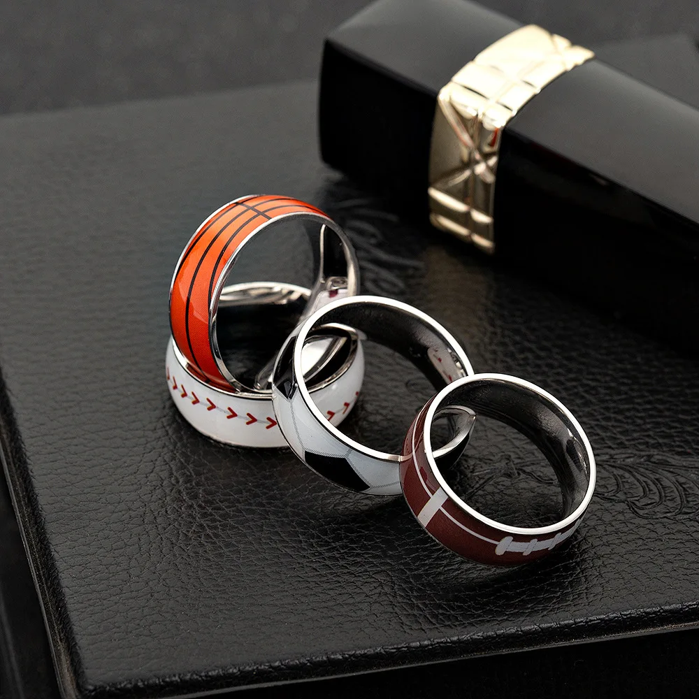 China Jewelry Unique Design Sports Ball Rings Titanium Steel Men Finger Ring Enamel Basketball Football Baseball Ring
