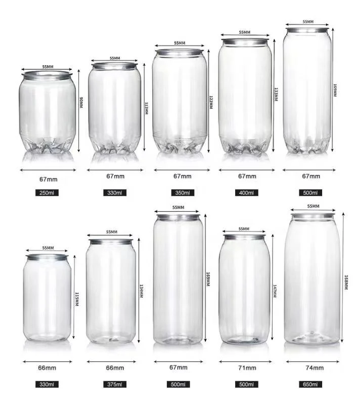 Soda Plastic PET Cans Wholesale 250ml 330ml 500ml 650ml Plastic Transparent Pet Can Custom Clear Soda Jar With Aluminum Lids