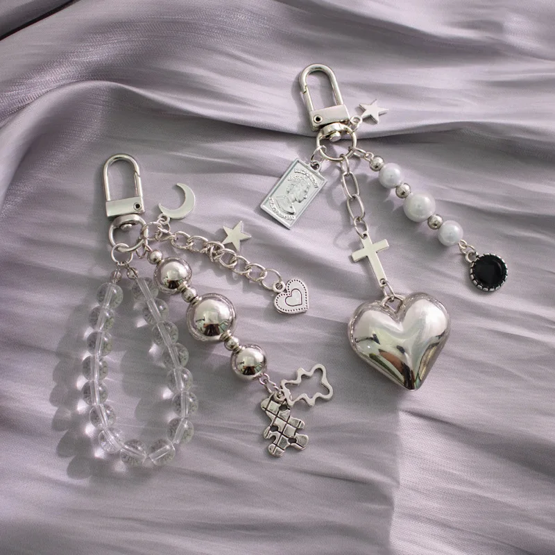 Sweet Cool Style Beaded Bag Keychain Pendant Metal Black and White Silver Bear Love Cross Car Keychain Pendant