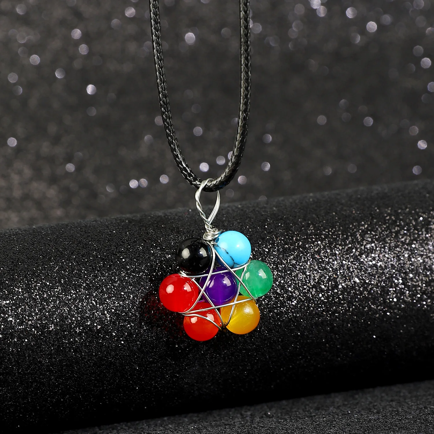 Vintage DIY Beaded Geometric Necklaces Black Rope Silver Stainless Steel Chain Rainbow Natural Stone Necklaces