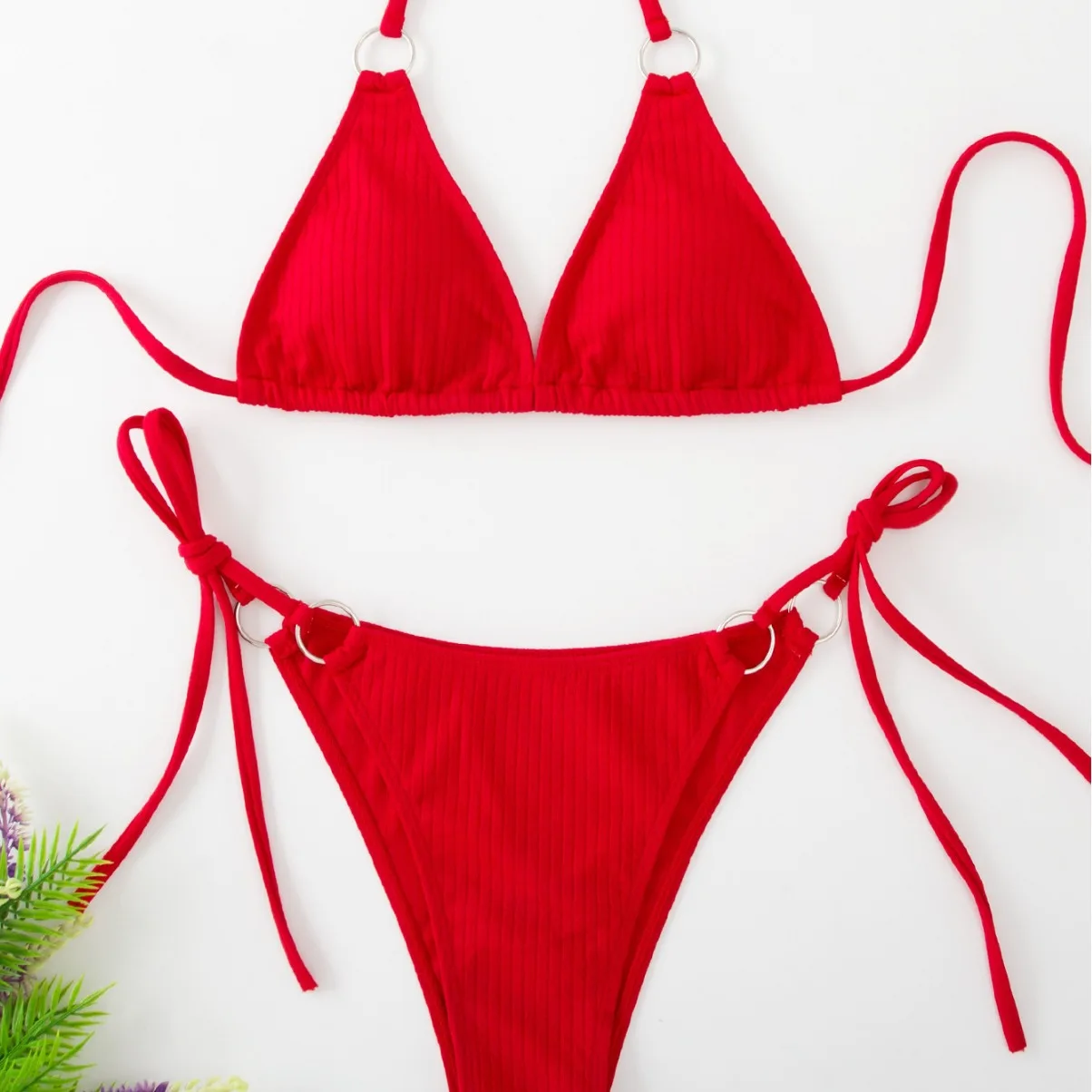 European American Style Sexy Solid Color 1 Piece Silk Bikini Beach Suit Quick Dry V-Neck Micro Sets With String Brazilian Bottom