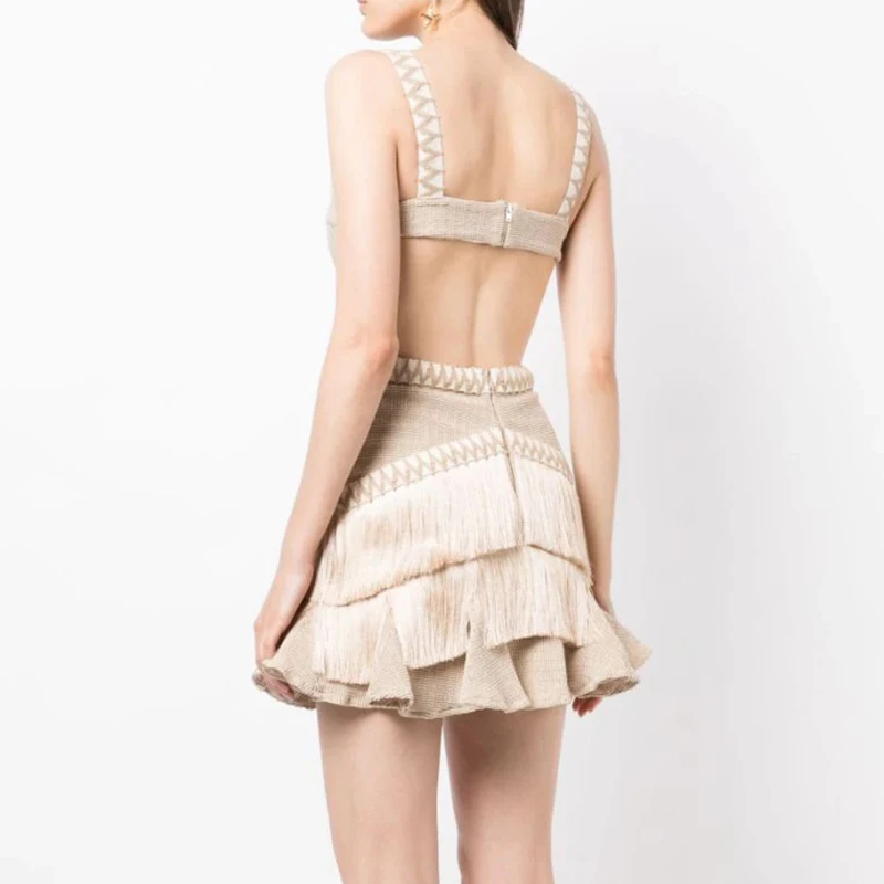 2024 Elegant Ladies Tailored Summer Fit V Neck Sleeveless Dress Casual Mini Dress Luxury Metal Cutout Tassel Dress