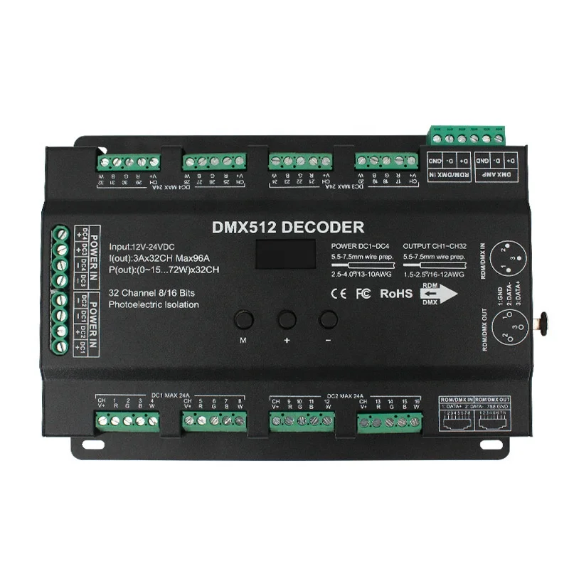 RDM 32 channel 96A RGB RGBW Multi-channel DMX 512 LED decoder controller for 8-bit / 16-bit stage lighting systems