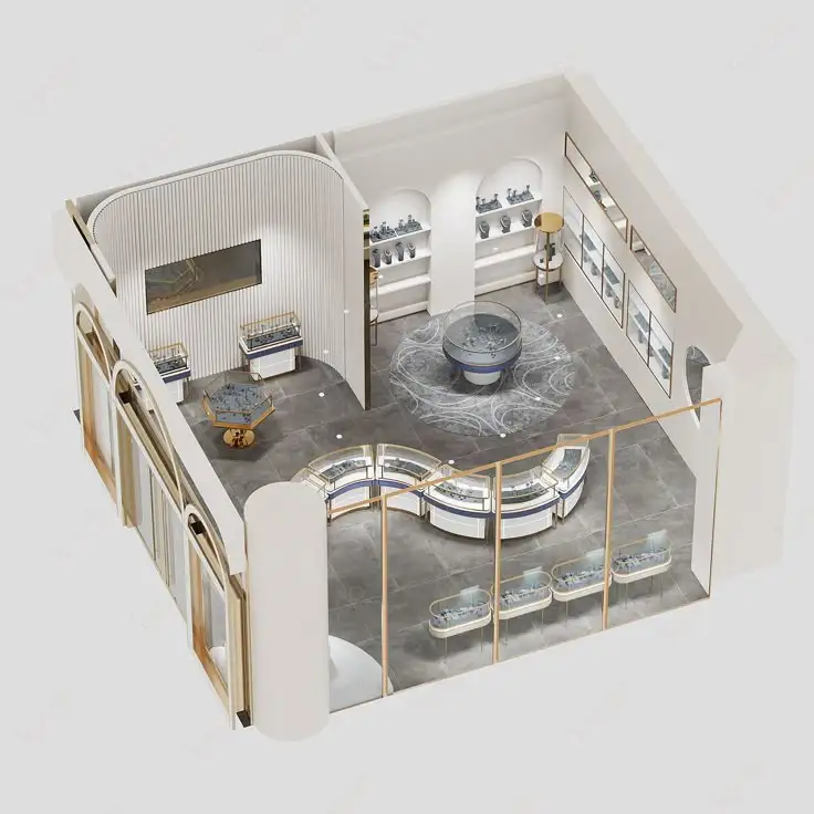 M2 Display Luxury Gold Store Interior Design Glass Curved Showcase Watch  Shop Design Jewelry Kiosk Jewelry Display Showcase
