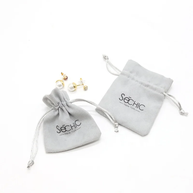  Custom Soft Microfiber Suede Gift Drawstring Bag Gray Jewelry