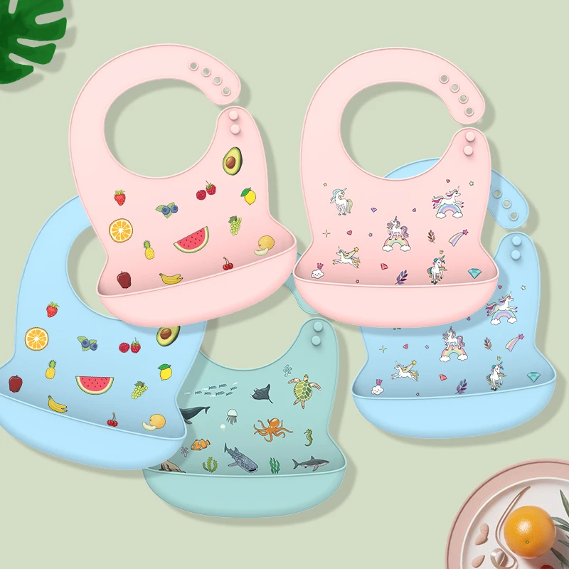New design Silicone Bibs Waterproof Saliva Dripping Cartoon Aprons  Adjustable Different styles Feeding Newborn Baby Bibs