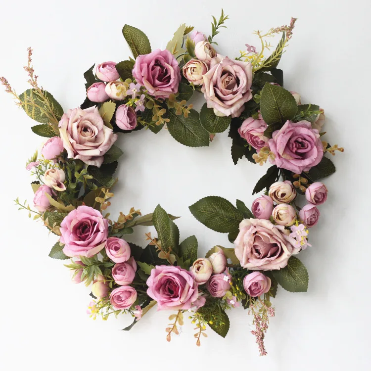 Artificial roses flower Wreath Flower Garland And Green Leaves For Front Door Indoor Or Outdoor Wall Wedding