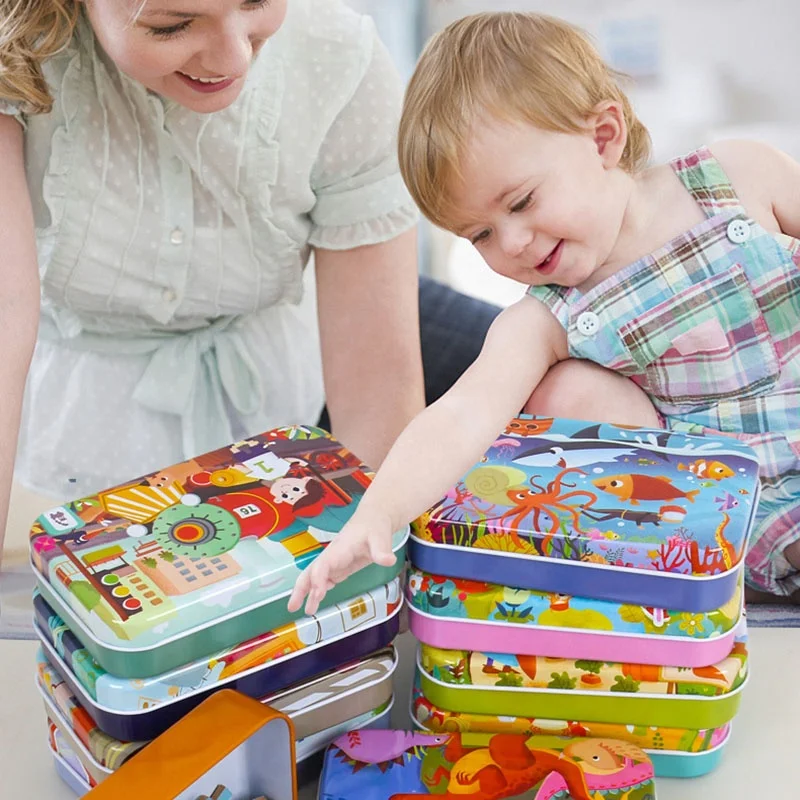 Children Learning Educational Puzzles Toys Mini Wooden Jigsaw With Metal Box