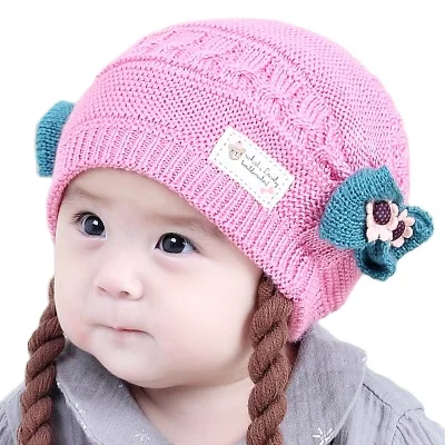 Wholesale Kids Toddler Hat Winter Fashion Wig Girl Double Warm Hat Suitable for 3-18m Baby Girl Knit Beanie Hat
