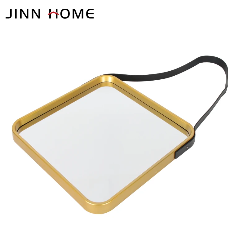  Jinnhome Elegant And Antique Gold Square Frame Wall Hanging Mirror With Modern Fake Leather Bathroom Decorative