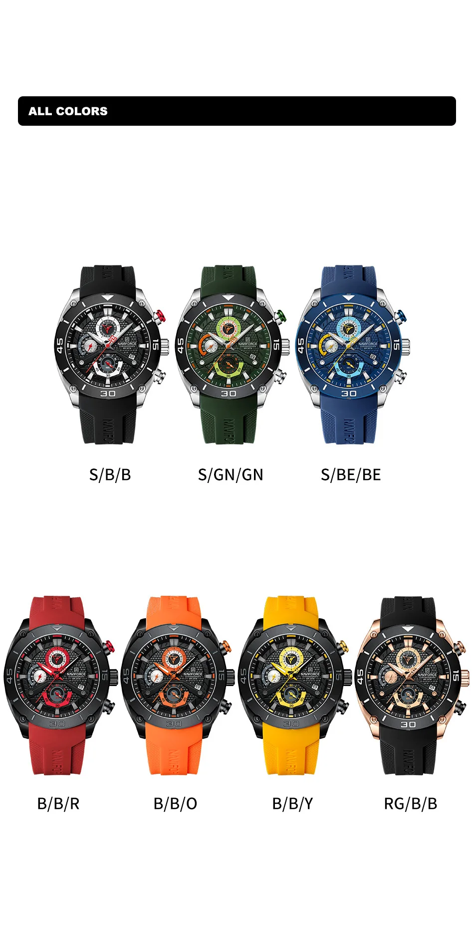 NAVIFORCE 8038 SBB Quartz Chronograph men watches China factory waterproof wristwatch with Fumed Silica band