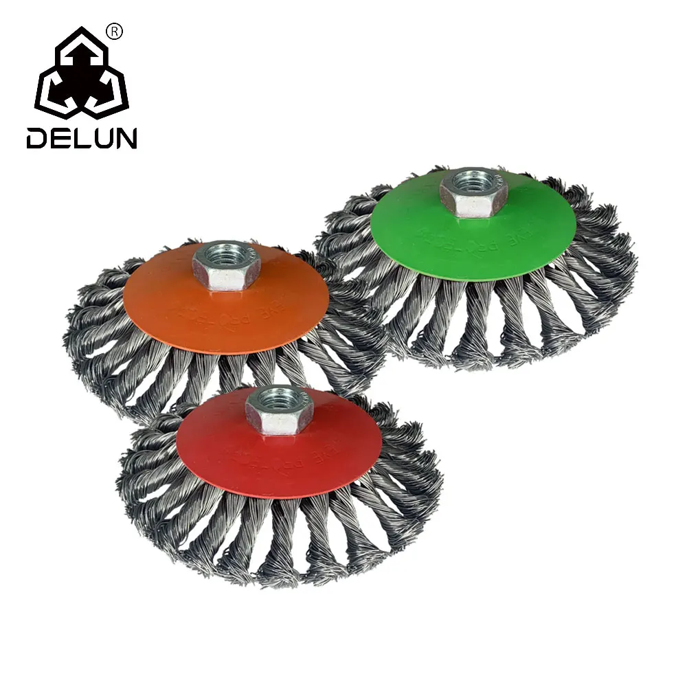 DELUN Professional 4-Inch Knotted Bevel Brush Steel Bristle International Standard MPA for Polishing 3-Inch Bristle Length