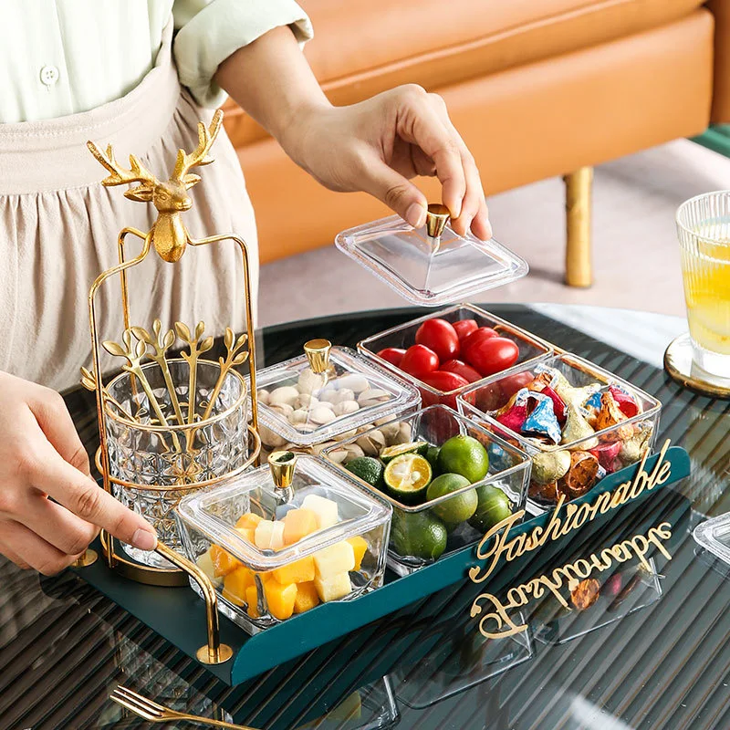 Nordic style malachite green glass grid fruit plate fashionable home living room fruit fork set