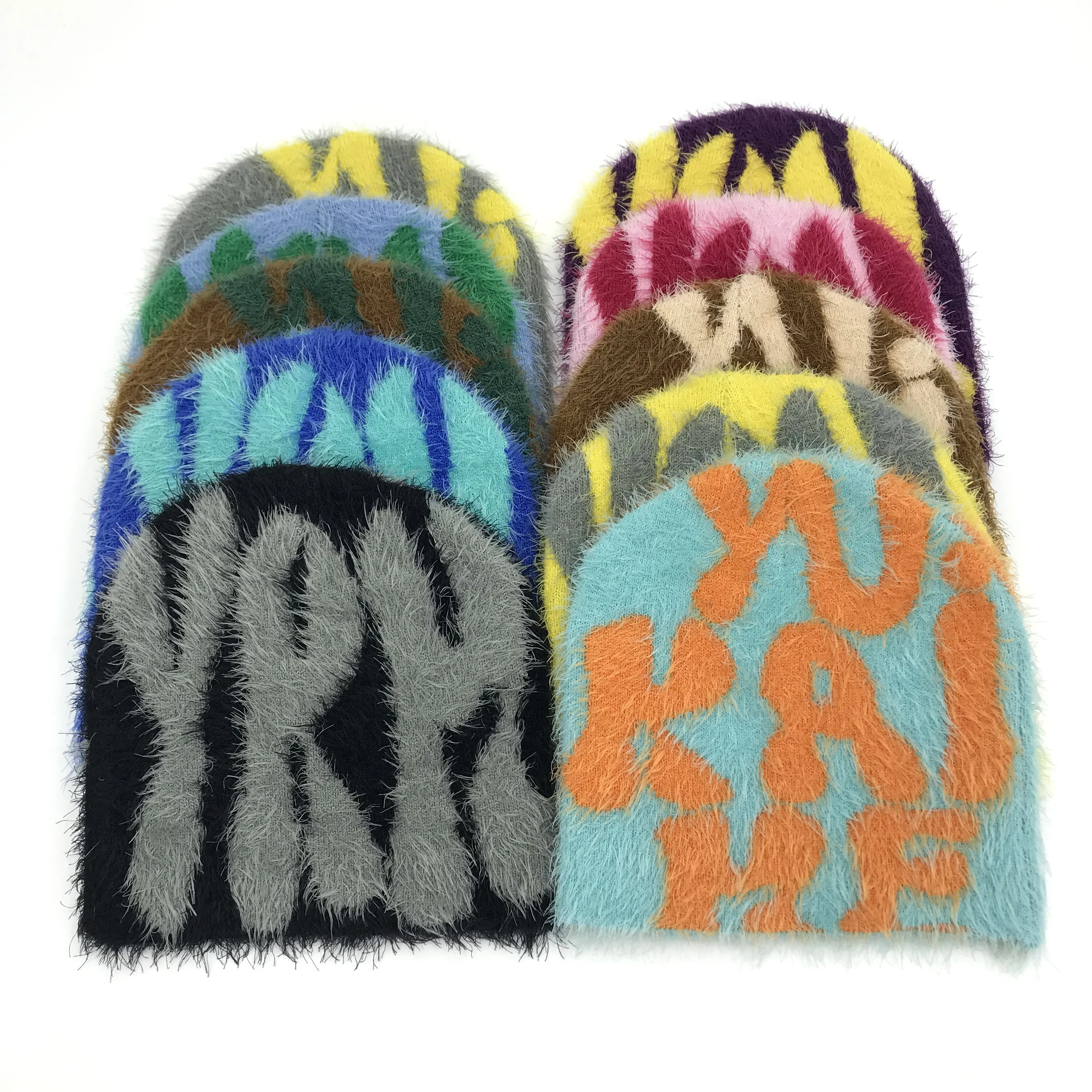 Custom Logo Jaquards Y2K All Over Print Logo Beanies Acrylic High Quality Knit Premium Jacquard Mohair Beanie Hat