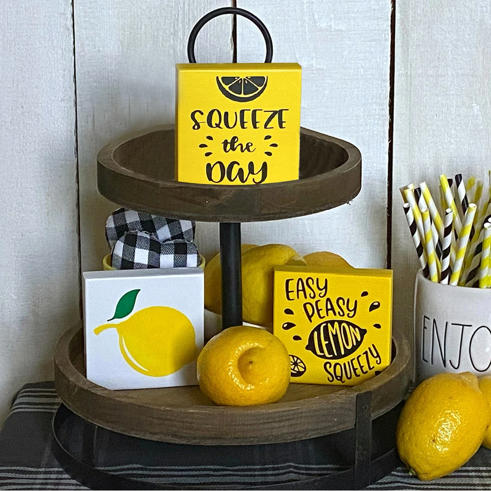 Customized Hello Summer Tiered Tray Sign Hand painted Lemon Wood Block Set kitchen decor Farmhouse Summer Decoration