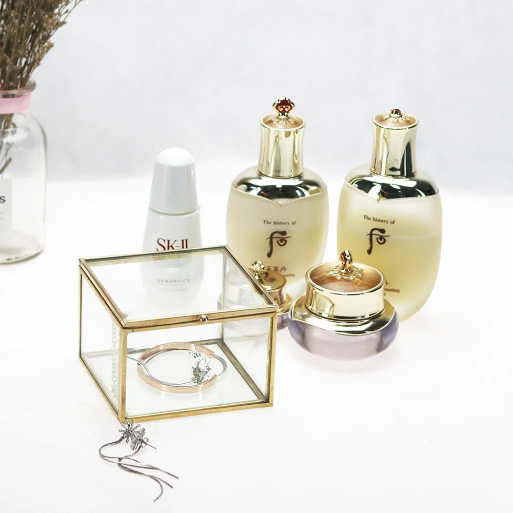 Wholesale custom vintage small geometric metal trinket box rose gold copper glass jewelry ring display box for wedding favor