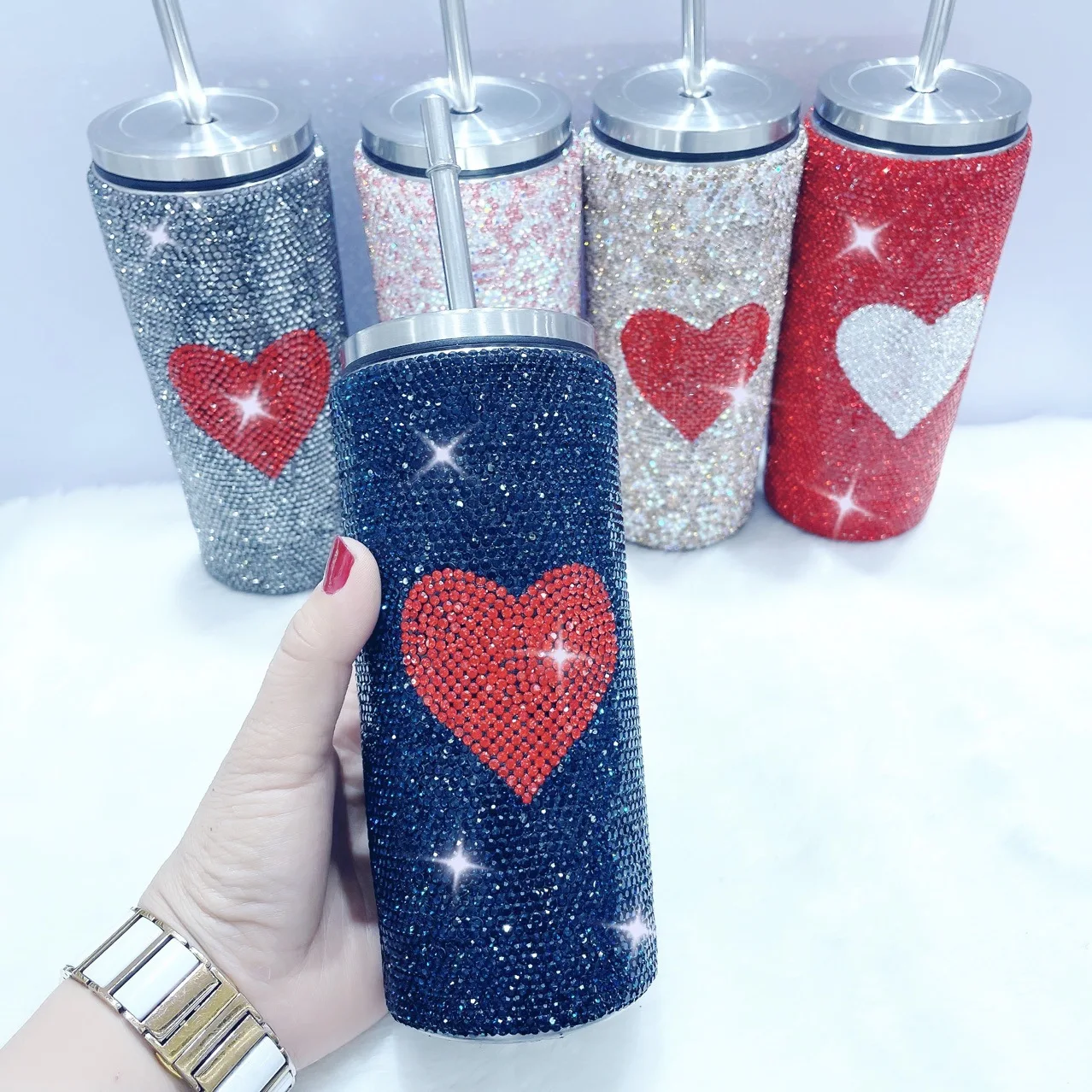 Luxury Fashionable Custom Drink Bottle New Bling Bling Rhinestone Drink Glass Stainless Steel Water Bottle With Straw