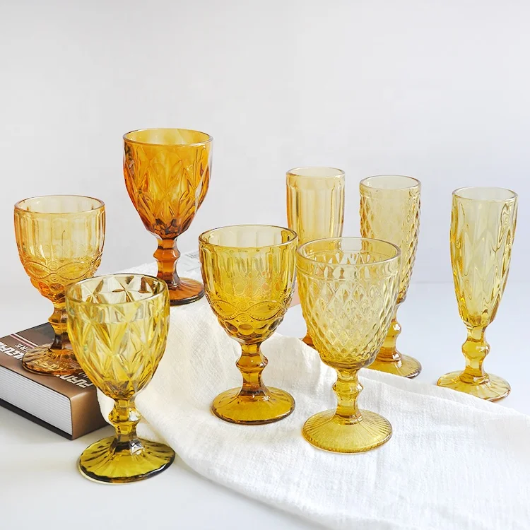 wholesale cheap black/blue/purple/green glass wine glasses water goblet embossed glassware set