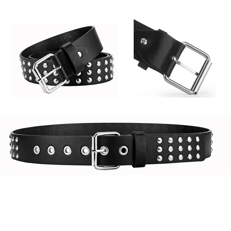 Europe Style Punk Leather Studded Three Lines Round Beads Rivet Belts PU Leather Pin Buckle Belt For Jeans
