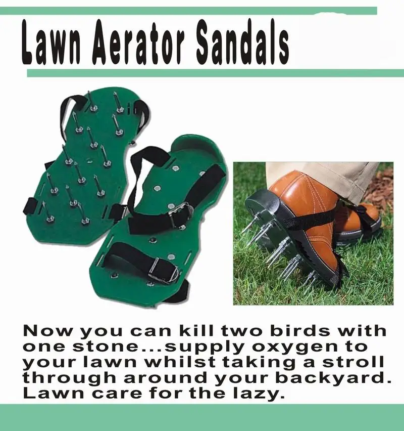 strap these aerator sandals onto your feet and walk Lawn Aerator Sandals penetrate soil add oxygen, water and fertiliser