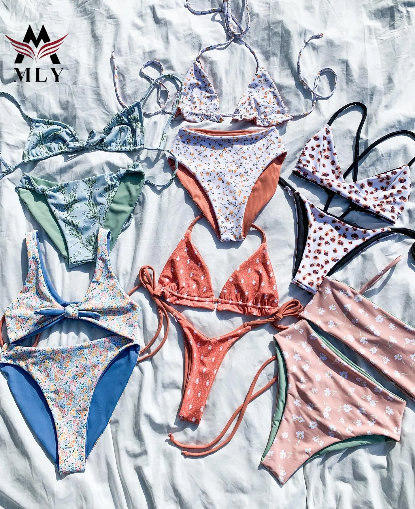 MLY High quality swimwear fabric jacquard double layer string halter bathing suit women swimwear sexy bikini