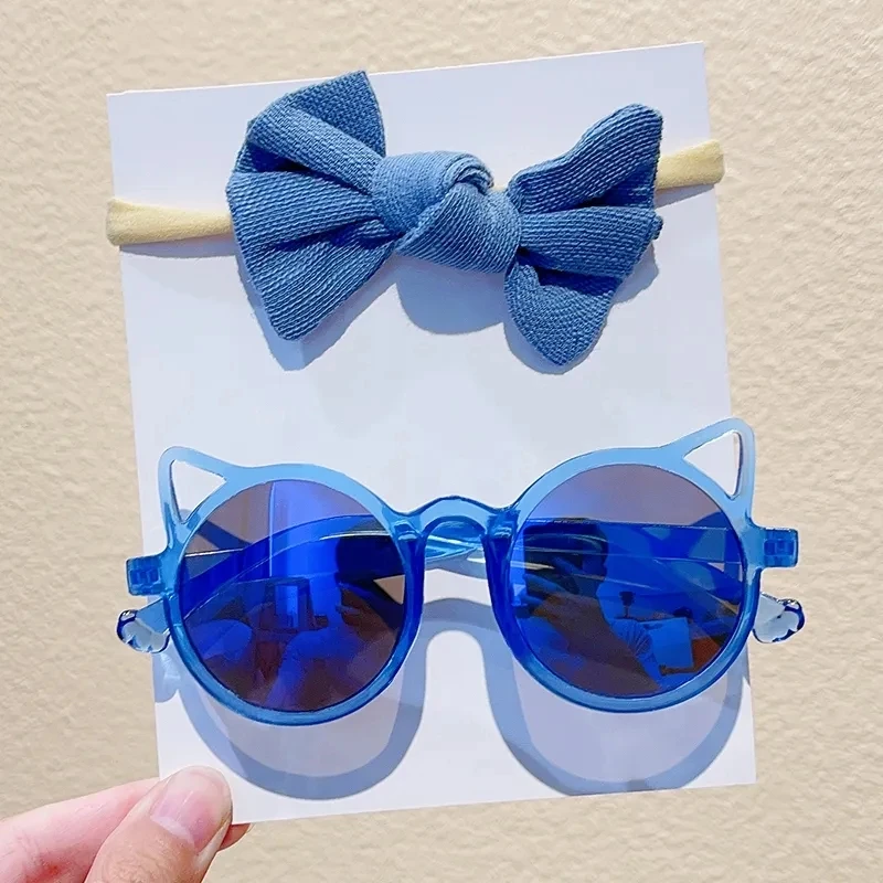 Low Price 2Pcs/Set Sunglasses With elastic hair bands Nylon Baby Headband Cat Eye Sun Glasses Kids Puff Bow Headwear