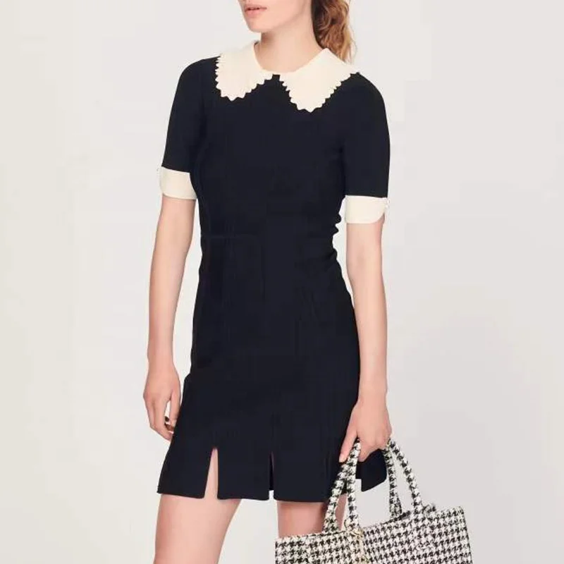 Трикотаж производители пользовательские 2023 лето черного цвета с воротником в кукольном стиле с коротким рукавом свитер трикотажное женское платье миди