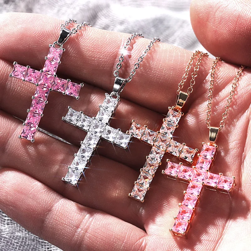 DAIHE Fashion New Zircons Cross Necklace Tarnish Free Dainty Stainless Steel Rhinestone Cross Necklace