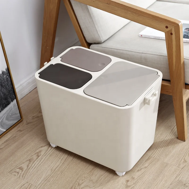 Kworld 3 in 1 Rectangular Garbage Sorting Compartments Energy-Saving Wheels Sanitary Handles