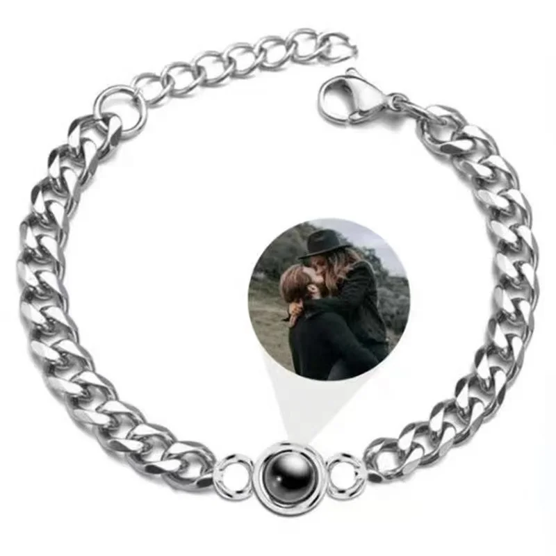 Stainless steel cuban chain round charm picture name personalised custom photo projection bracelet for men