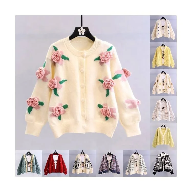 Sweater Manufacturing Customized Vintage Cute Cartoon Embroidery Womens Cardigan Sweater