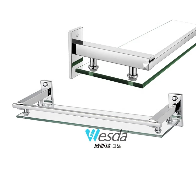 WESDA Salon Stainless Steel Brackets Wall Mount Tempered Glass Towel Rack Rectangular Floating Shelves Bathroom Glass Shelf