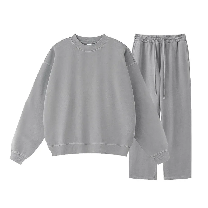 Custom Acid Wash Sweatshirts Sweatpants Set 380 Grams 100% Cotton Round Neck Men Sweatshirts Heayvweight Streetwear