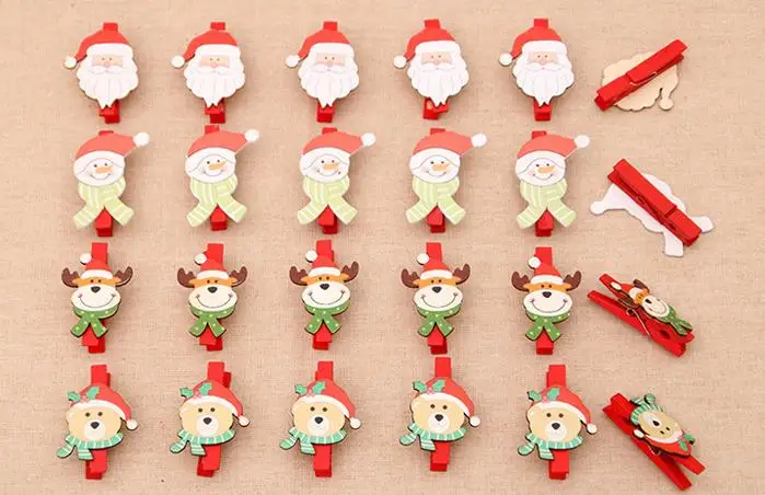 6 Pcs/pack Cute Mini Christmas Santa Claus Snowman Elk Bear Wooden Clips Clothes Photo Paper Memo Clothespin Craft Clips Gifts